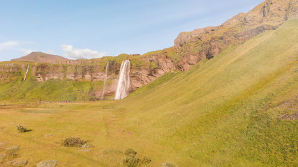 Seljalandfoss, Iceland. Amazing aerial view from drone in summer season
