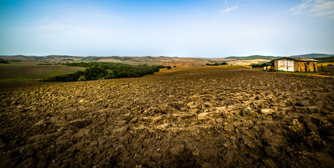 Brown field under a clear sky in Tuscany