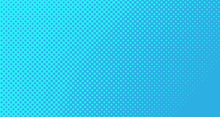 Obraz premium Blue halftone pop art background abstract vector comics style blank layout template with clouds beams and isolated dots pattern. For sale banner for your designe 1960s. with copy space eps10