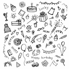 Collection of Hand drawn Birthday Party elements. Celebratory attributes - Vector illustration. Doodle Birthday party background. Holiday sketch.