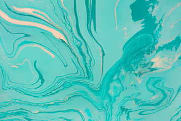 Mint green and white paint marbling flow background.