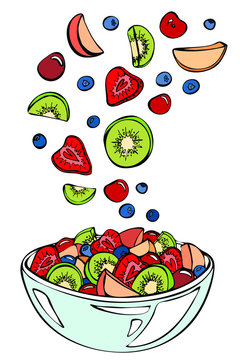 Sketch of summer salad.Fruit salad ingredients in the air. Kiwi,cherry,strawberry,peach and blueberry in glass bowl isolated on white background