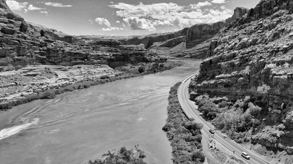 Colorado River near Moab, Utah. Arches National Park gateway, aerial view from drone at sunset