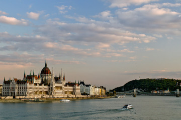 View on the The Hungarian Parliament Building, beside the Danube River. European travel.  Budapest. Hungarian landmarks.
