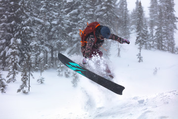 elite snowboarder frozen at the moment of the jump. girl Freerider jumping off a cliff in a remote...