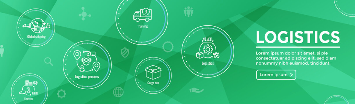 Logistics icon set and web header banner with buildings, trucking, people and shipping box