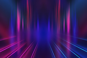 Empty background scene. Dark street reflection on wet asphalt. Rays of neon light in the dark, neon...