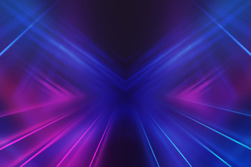 Fototapeta premium Empty background scene. Dark street reflection on wet asphalt. Rays of neon light in the dark, neon shapes, smoke. Background of an empty stage show. Abstract dark background.