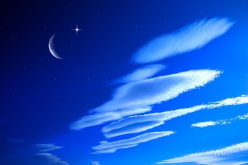 New moon . Religion background . The sky at night with stars. Ramadan background . Prayer time . Moon and beautiful night with stars