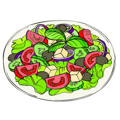 Fresh salad, organic food, vegetables. Color illustration of salad with greens, cherry tomatoes, onions, feta and cucumber on a white background.