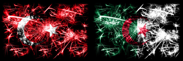 Turkey, Turkish vs Algeria, Algerian New Year celebration sparkling fireworks flags concept...