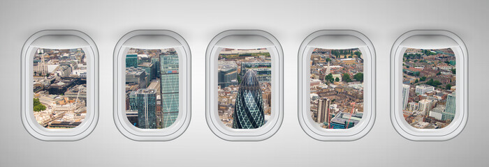 Beautiful scenic city view of London through the aircraft windows