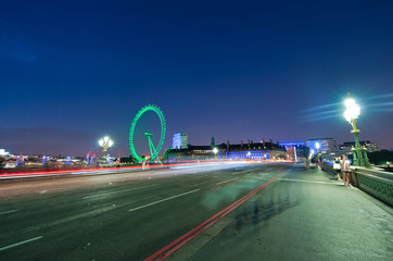Night view of Westminster Bridge and London skyline, London, UK