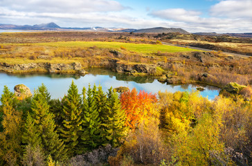 Lake Myvatn in Northern Iceland. Quiet autumn landscape. Famous tourist attraction.