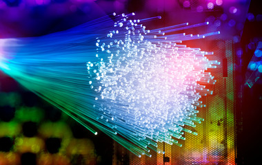 fiber optics network cable for ultra fast internet communications, thin light threads that move information at high speed.