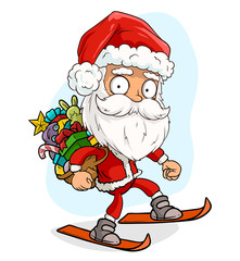 Cartoon cute funny bearded Santa Claus in red costume and cap on ski with big bag of gifts. Layered vector for animations. Isolated on white background. New Year and Christmas vector icon.