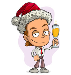 Cartoon cute funny Santa Claus boy in costume and cap holding glass of champagne with bubbles. Layered vector for animations. Isolated on white background. New Year and Christmas vector icon.
