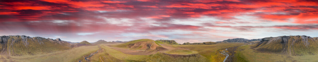 Amazing landscape of Landmannalaugar magnificent highlands in summer season, aerial view from drone, Iceland