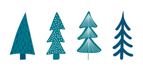 Set of cute hand drawn Christmas trees isolated on white background. Kid stylized spruce, vintage fir silhouette icons collection. New Year Vector illustration for print, web, design, decor