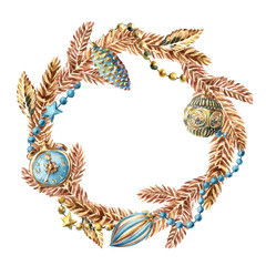 Watercolor illustration isolated on white background. Wreath of brown pine branch with stars, beads and christmas retro toys.