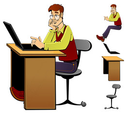 A man in the office sits at a table and works on a computer. Cartoon style, contour stroke. Set of images (character, chair, table, laptop).