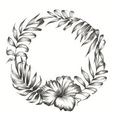 Wreath of palm and banana leaves with tropical flowers. Tropical design in pencil.