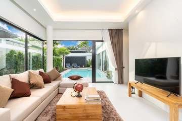 spacious open plan living room and dining area