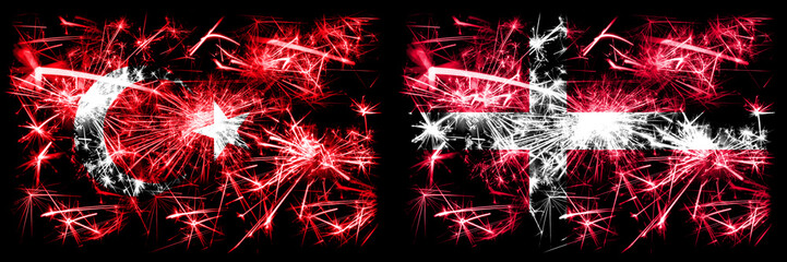 Turkey, Turkish vs Denmark, Danish New Year celebration sparkling fireworks flags concept...