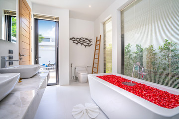 Modern bathroom, sinkm shower, and bathtub in luxury villa