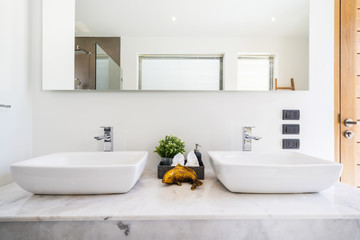 Fototapeta na wymiar Modern bathroom, sinkm shower, and bathtub in luxury villa