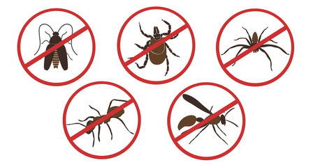 Crossed out Dark silhouettes of insects in circle. Pest Control. Poison insects. Spider, wasp, ant, termite, tick, cockroach. Crossed out poisonous insects set. Symbols and icons vector. Pesticides.