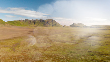 Amazing landscape of Landmannalaugar magnificent highlands in summer season, aerial view from drone, Iceland
