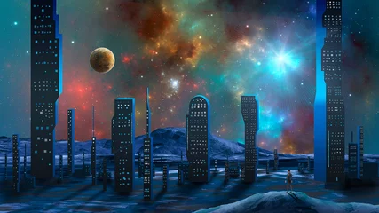 Poster Man standing on mountain and look to abstract modern sci-fi city with colorful fractal nebula and planet. Elements furnished by NASA © Space Creator