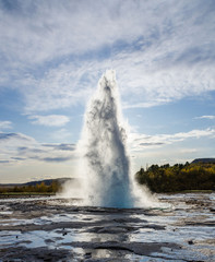 Iceland, September 27, 2019, Icelandic Geyser Strokkur. Great tourist attraction on Golgen Circle Iceland. Vsible geyser valley