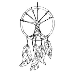 Vector Fether dreamcatcher. Black and white engraved ink art. Isolated dream catcher illustration element.