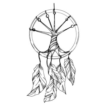 recommend clip art: Vector Fether dreamcatcher. Black and white engraved ink art. Isolated dream catcher illustration element.