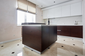 Modern bright kitchen with island and walnut veneer facades