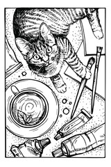 Hand drawn Sketch cat. kitty on artist workplace. Domestic animal portrait. Pencil drawing kitten
