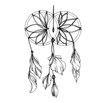 recommend clip art: Vector Fether dreamcatcher. Black and white engraved ink art. Isolated dream catcher illustration element.