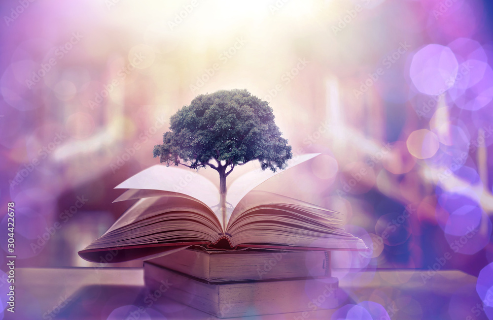 Poster imagine a picture book of an ancient book that opened on the table and had a tree of knowledge on a 