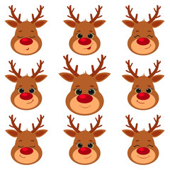Collection, set of nine cute reindeer head isolated on a white background. Joyful, happy, sleeping, smiling. Cartoon, flat style, vector © LanaMay
