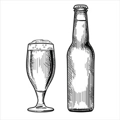 Set of the beer bottle and glass vector illustration, hand drawn sketch style 