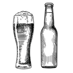 Set of the beer bottle and glass vector illustration, hand drawn sketch style 