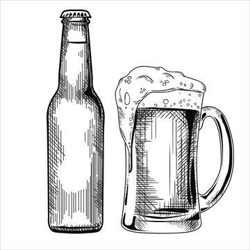 Set of the beer bottle and glass vector illustration, hand drawn sketch style 