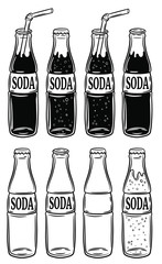 set of the different bottles with soda, vector hand drawn illustration