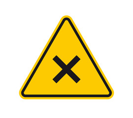 Vector yellow triangle sign - black silhouette cross. Isolated on white background.