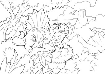 prehistoric predatory dinosaur dimetrodon, coloring book, funny illustration