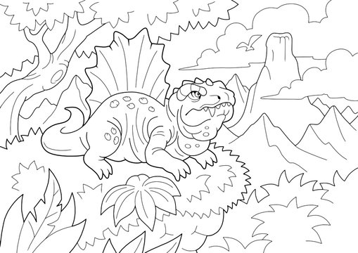 prehistoric predatory dinosaur dimetrodon, coloring book, funny illustration