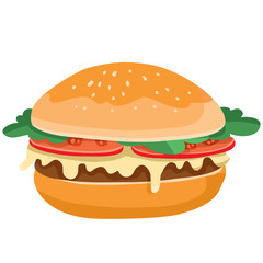 juicy hamburger with tomatoes, cutlet, cheese and herbs on a white background,