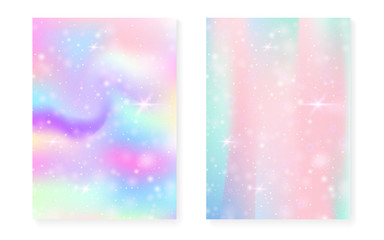 Rainbow background with kawaii princess gradient. Magic unicorn hologram. Holographic fairy set. Vibrant fantasy cover. Rainbow background with sparkles and stars for cute girl party invitation.